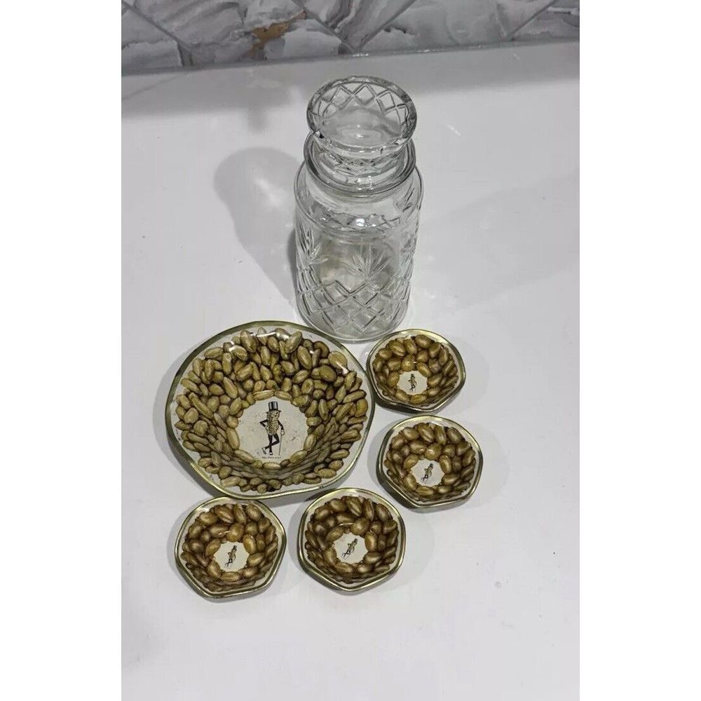 Vintage Planter's Peanuts‎ Lot With Diamond Pattern Glass Jar And Serving Bowls